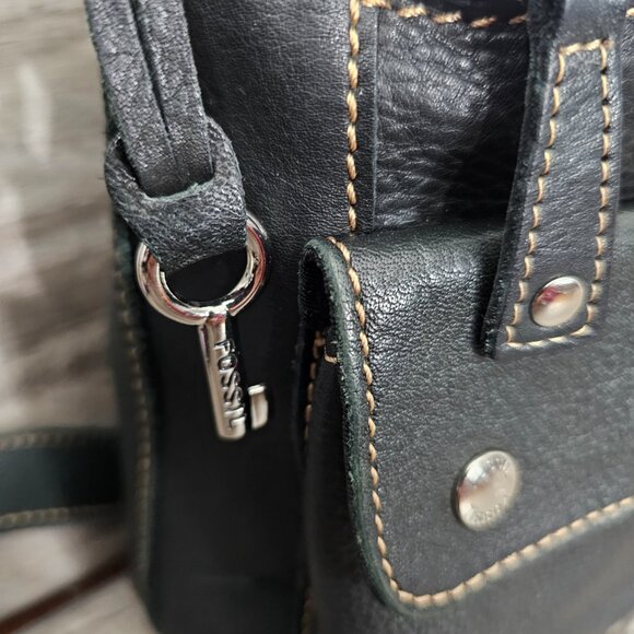 Fossil Vintage Pebble Leather Pocket Moto Black Messenger Shoulder Crossbody Bag - Picture 4 of 15